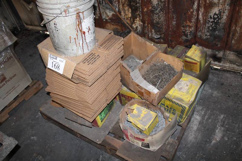lot 168 image: Pallet Lot Including Cardboard Boxes Boxes of Nails.
