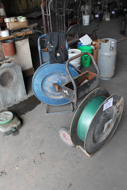 lot 173 image: Lot of (2) Push Carts wWheels & Plastic Strap Spindle Holders Tool Tray Includes Contents.