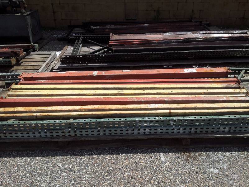 lot 182 image: Tear Drop Style Pallet Racking - Includes (2) Uprights - (1) 10 Foot and (1) 9 Foot tall, 42 wide 2 Deep column.  Also Includes (6) Crossbeams - 8 Foot long x 6 Tall.
