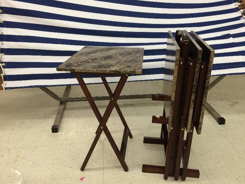 lot 26 image: Tray Table Set, Brown Faux Marble, Set of 4 Plus Stand