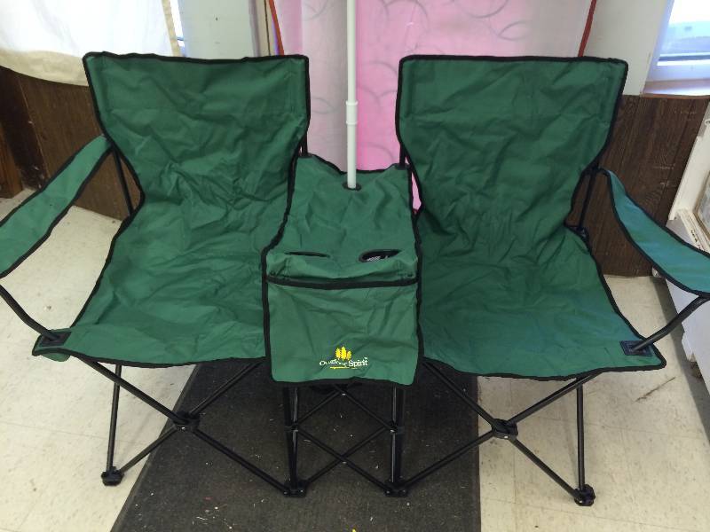 lot 27 image: Double Folding Chair w Umbrella Fold Up Beach Camping Chair