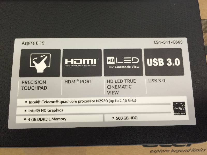 lot 152 image: Acer Aspire ES1-511-C665 15.6 LED Notebook - Intel Celeron N2930 1.83 GHz, 4GB Memory, 500GB Storage, Windows 8.1
