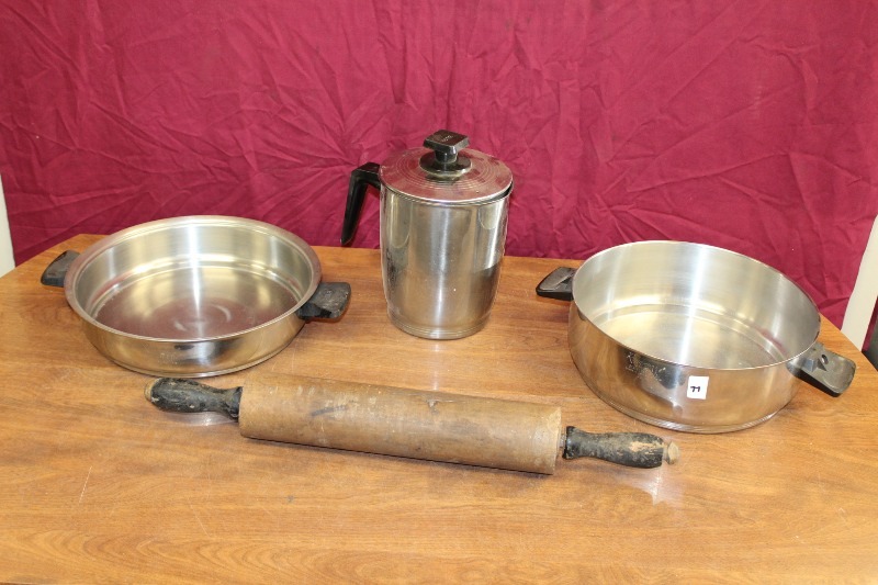 Antique Rolling Pin and Pots  Pans