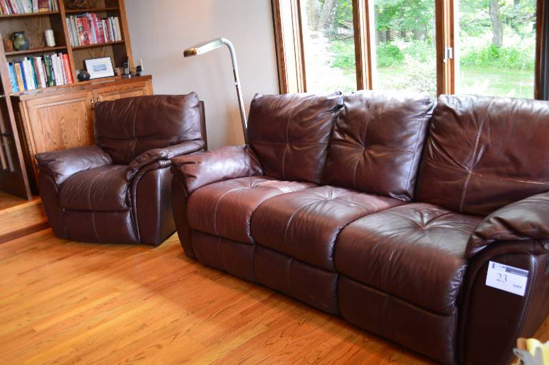 lot 23 image: Full Size Couch & Over Sized Chair Recliner Both Ends of Couch Recline Minimal Clearance Required Couch 93 x 41 x 38 Chair 45 x 43 x 38 Brown Leather Full Grain No Tears Some Wear On Couch.