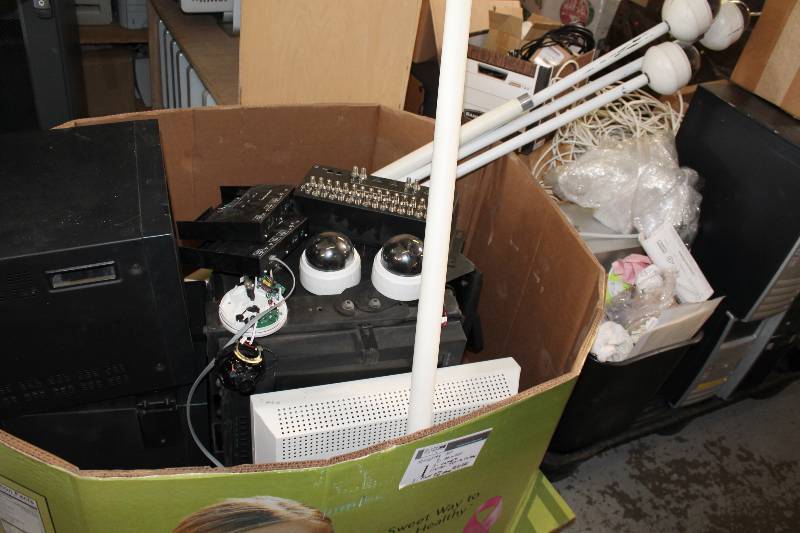 lot 1 image: Security Lot Including Monitors (3) Openeye 600TVL Dome Security Cameras (5) Checkpoint Video Matrix Switcher (1) Check Point Power Data Line Extender (2).