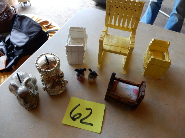 lot 62 image: Clothes pin chair, side tables and crib, MIKEY MOUSE WEEBLES, 2 vintage BANKS.