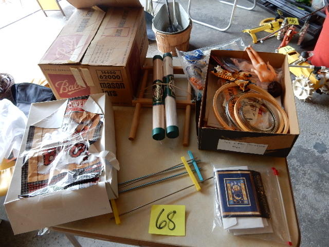 lot 68 image: CRAFT LOT.. Cross Stitch, Canning Jars, Latch Hook