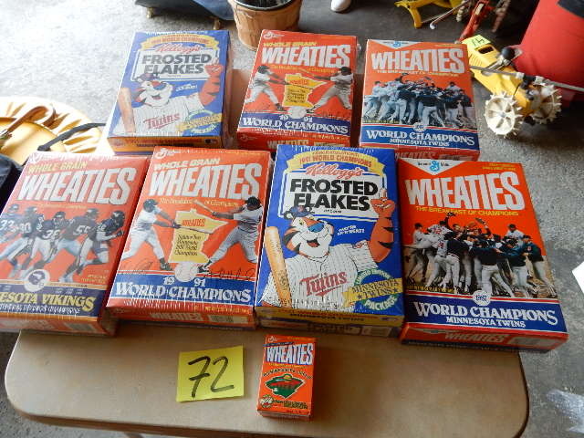 lot 72 image: 7 Wheaties and Frosted Flakes Twins and Vikings Boxes. Small Wild Wheaties box.  New with plastic.