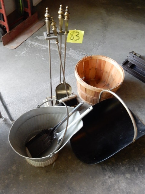 lot 83 image: Fireplace tools and Galvanized Ash Can and shovel.. Wicker Woven bushel basket