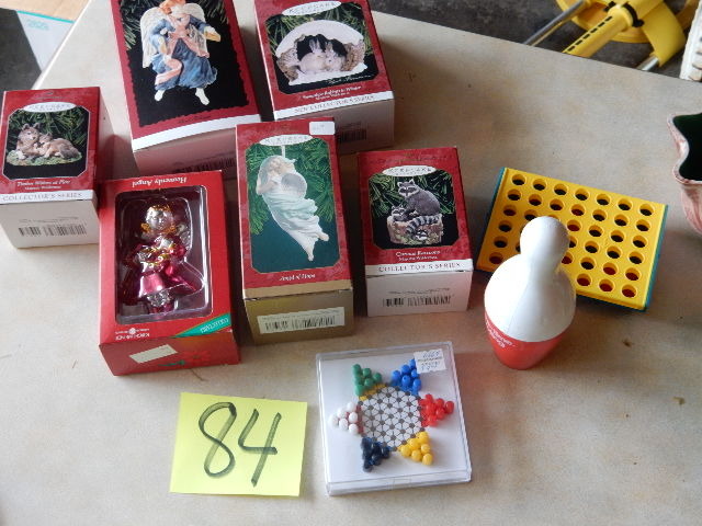 lot 84 image: Hallmark and American Greeting Ornaments.  VERY OLD Leprechaan cup,  3 old games.. Think from the 70s or 80s.  Bowling, ,Chineese Checkers.