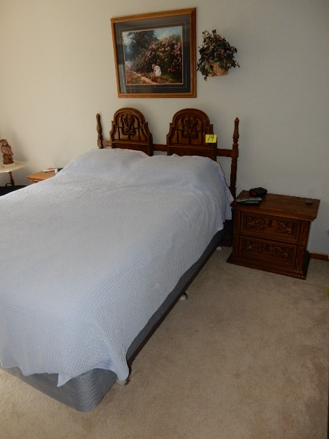 lot 19 image: Queen size Headboard, Mid Mod Style.. Simulated wood.  2 nightstands and Bed FRAME..