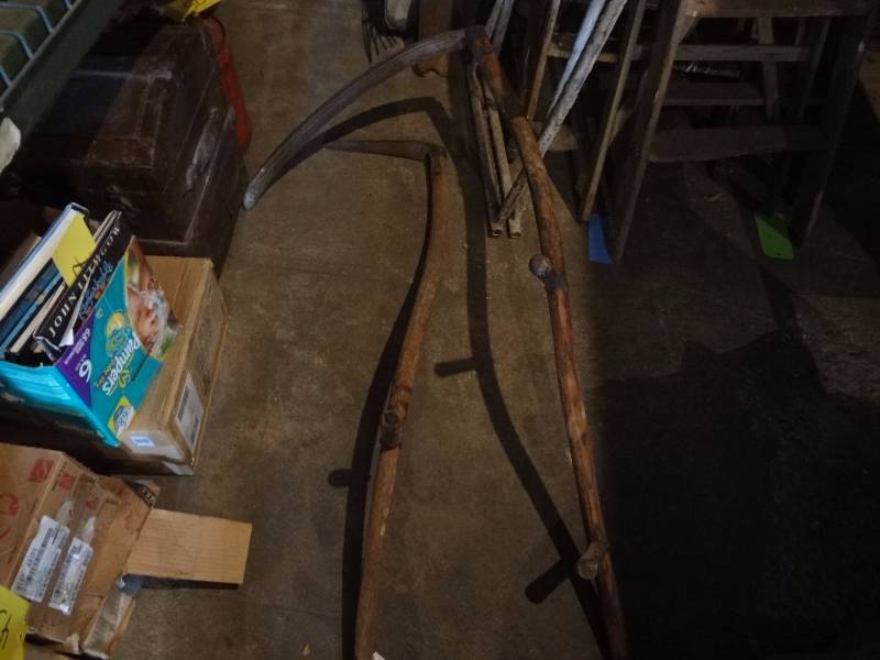 lot 53 image: Two Scythes, Scoop Shovels,Stand ,Ladders