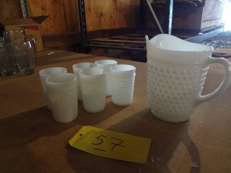 lot 57 image: White Hobnail Pitcher and 6 Glasses