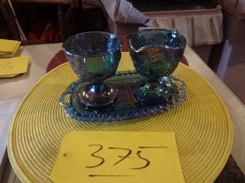 lot 375 image: Blue Carnival Glass Sugar and Creamers Set, Petite Decanter Set