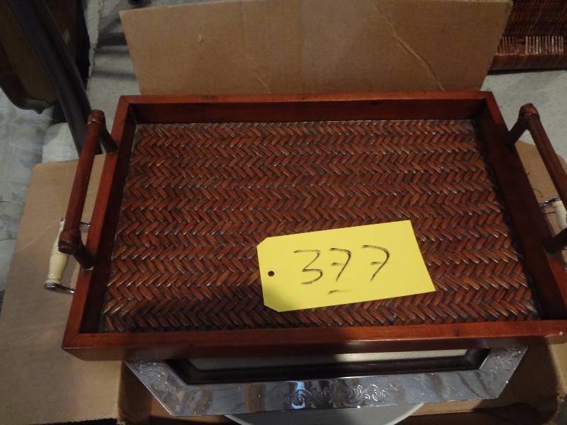lot 377 image: Large Cast CookingServing Skillet, Wood Tray, Metal Tray