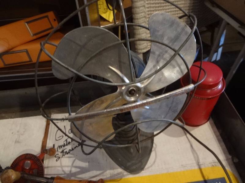 lot 385 image: Old ClockLight, Tea Can, Fan, Wall Lantern Sconces, Brace, Ice Crusher