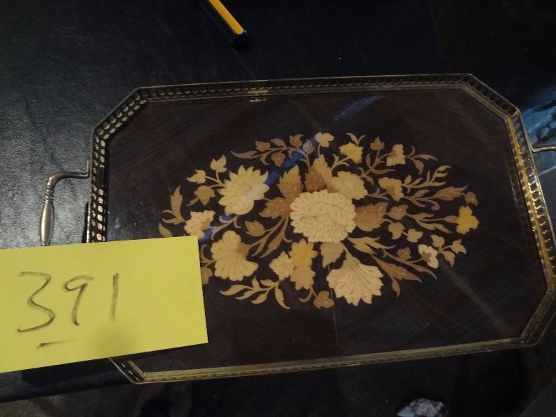 lot 391 image: Vintage Inlayed Tray, Glass, Porcelain, Small Pitchers