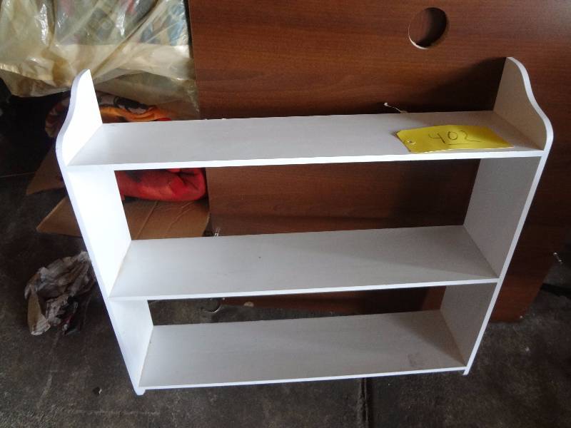 lot 402 image: White Shelf, Fireplace Stuff, Bucket,Pail