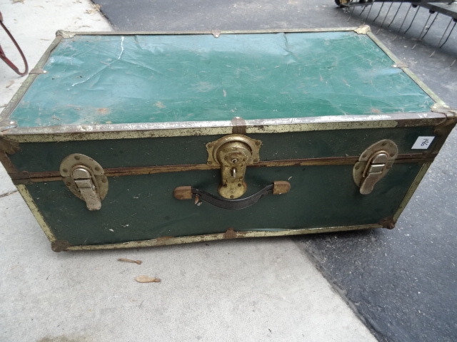 lot 146 image: Green Steamer trunkfoot locker on wheels