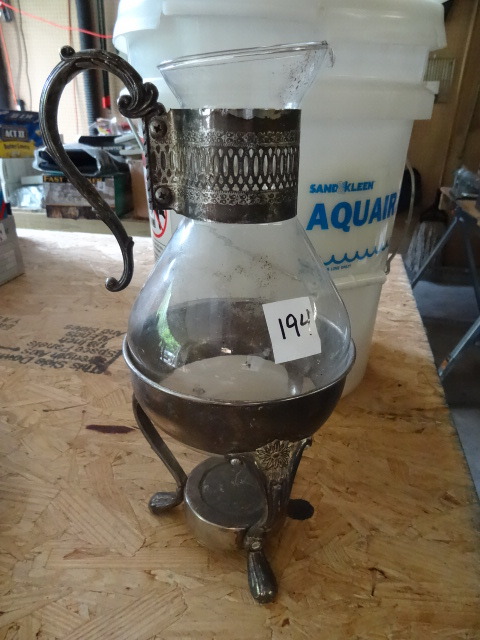lot 194 image: Glass Coffee Carafe with Silver Plate Handle and Silverplate Warmer Stand