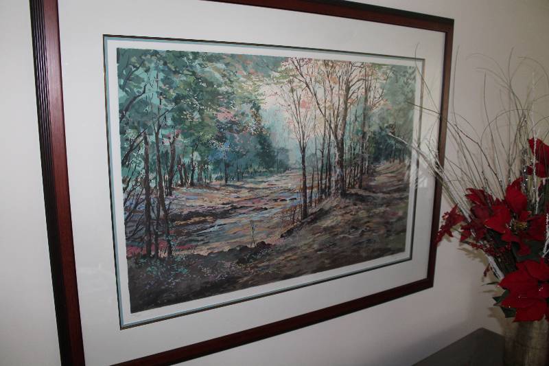 lot 16 image: Framed Scenic Art Print wWhite Matte Woodland & River Scene 48 x 36.