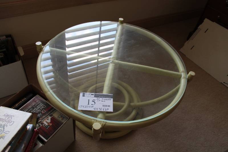 lot 15 image: Lot of (2) Including Wooden Table wGlass Top, Circular, 30 Diameter x 17 Height Side Table wLower Shelf (2), 17 x 31 x 20, 17 x 25 x 20.