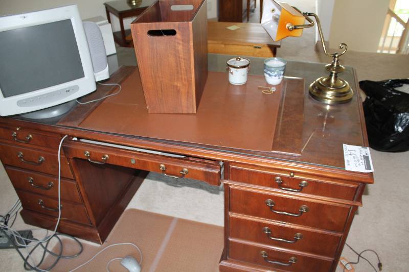 lot 14 image: 3-Piece Wooden Desk Set Desk wDrawers & Glass Top Cabinet w4 Drawers Side Table wLower Shelf 68 x 20x 31 25 x 25 x 24 67 x 36 x 30.