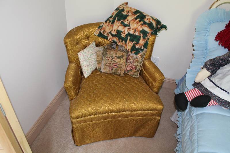 lot 11 image: Sofa Chair wGold Upholstery & Arm Rests 28 x 27 x 30.