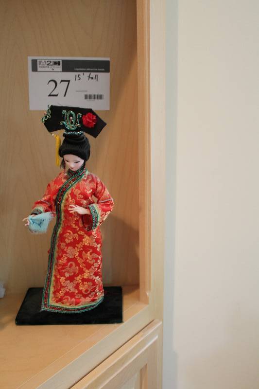 lot 27 image: Decorative Japanese Doll wStand Red Kimono 15 Height.
