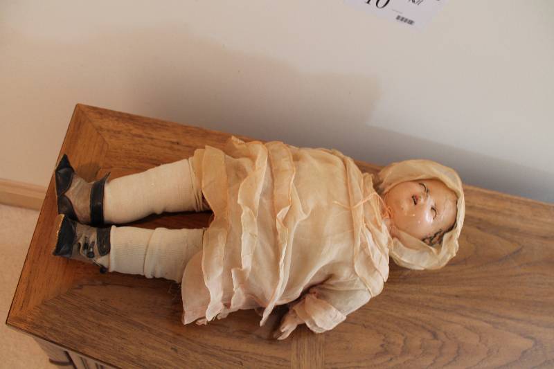 lot 10 image: Vintage Childrens Doll wWhite Bonnet & Dress 24 Height.