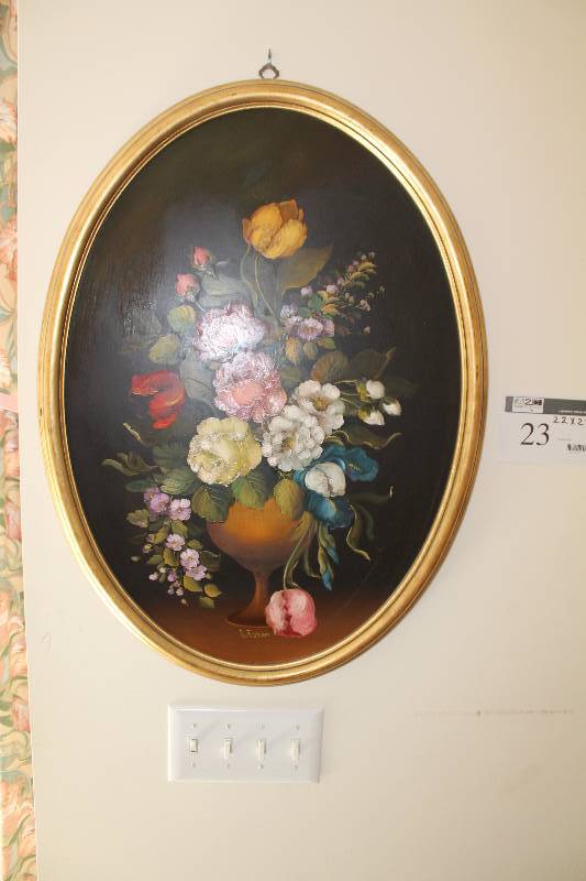 lot 23 image: R. Rosini Still Life Flowers Painting In Oval Gold Frame Signed 22 x 27.