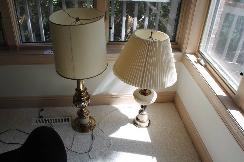 lot 21 image: Lot of (2) Decorative Lamps wBeige Shades & Cords 38 Height & 35 Height.