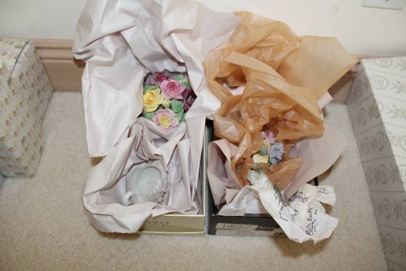 lot 30 image: Box Lot of (2) Including Cat Figurines Flower Decorations Decorative Swan Ornament And More.