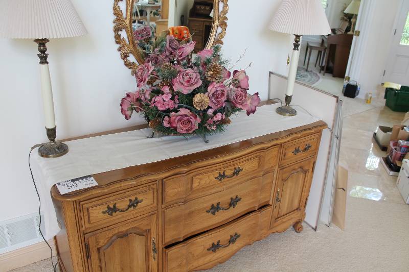 lot 59 image: Wooden Dresser wDrawers & Cabinets Handles Includes Decorative Lamps wCords (2) 62 x 20 x 32.
