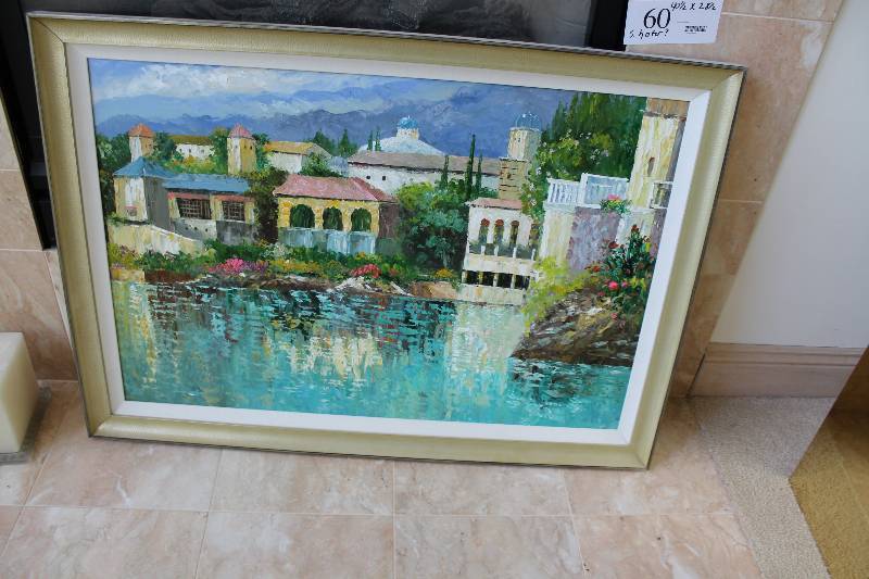 lot 60 image: Framed Painting of Water Scene & Villa Houses S. Hofer, 40.5 x 28.5