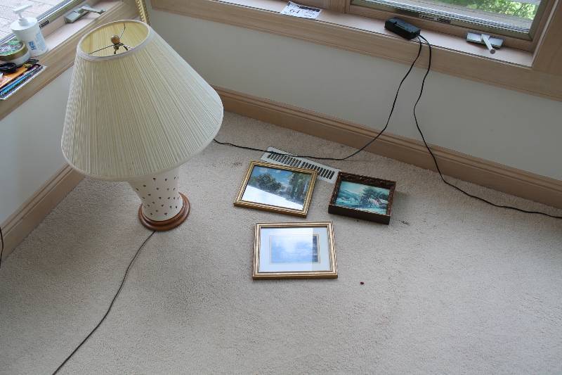 lot 64 image: Lot of (5) Including Framed Pictures Lamp wShade & Cord Standing Lamp wCord 70 Height 30 Height.