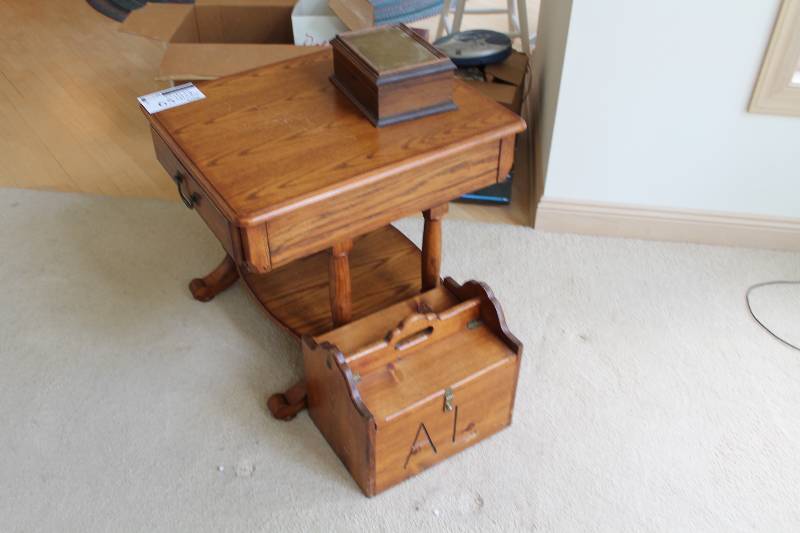 lot 65 image: Lot of (3) Including Wooden Chest Wooden Stand Wooden Box 10.5 x8 x 4.5 16 x 11 x 14 28 x 24 x 24.