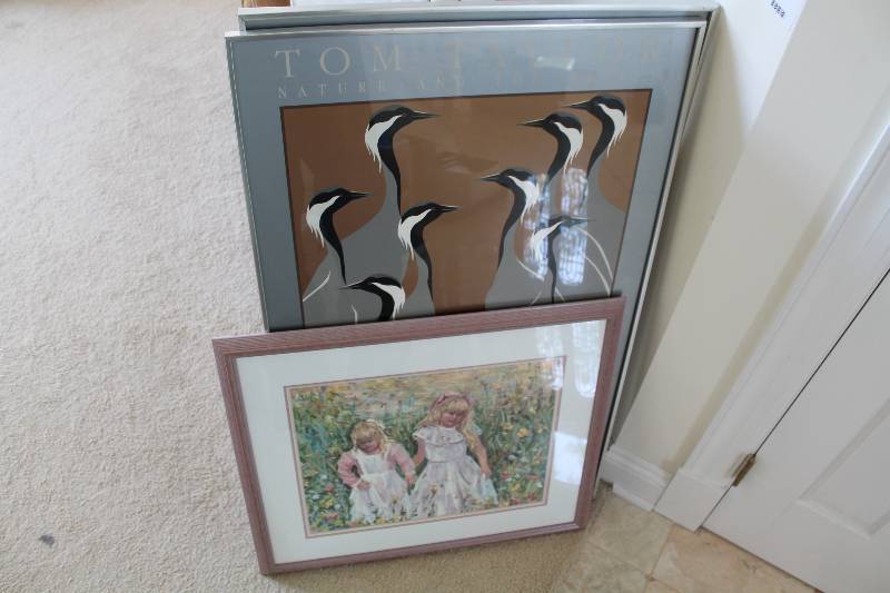 lot 70 image: Lot of (3) Framed Prints Bird Scenes Two Children In Field Scene 24 x 39 26 x 22.