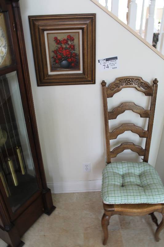 lot 74 image: Lot of (3) Including Wooden Chair Tall Back & Cushion (2) Floral Painting wWooden Frame & Matting 18 x 18 x 45 16 x 19.