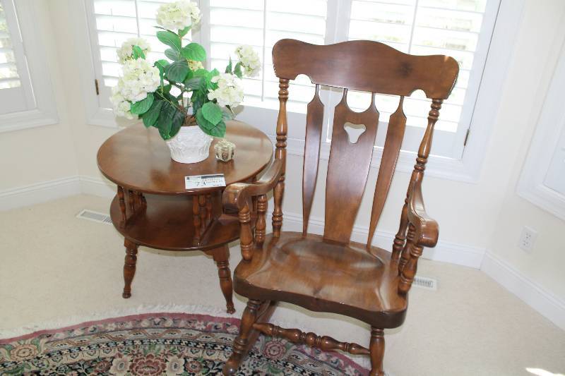 lot 73 image: Lot of (2) Including Wooden Stand wLower Shelf Wooden Rocking Chair wArm Rests 28 x 28 x 25 25 x 33 x 43.