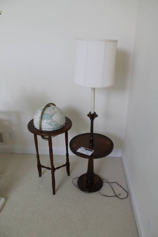 lot 72 image: Lot of (3) Including Globe wWooden Stand Encasement Lamp wShade & Cord Wooden Stand 18 x 17 x 29 17 x 17 x 60.