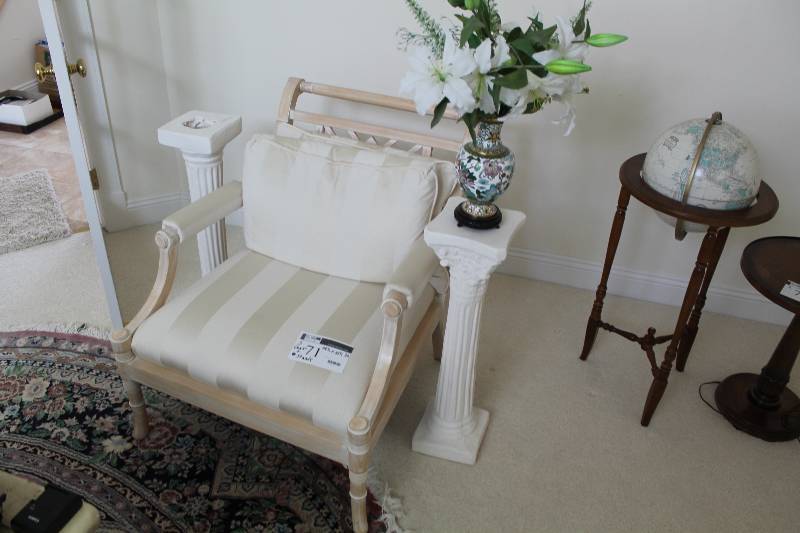 lot 71 image: Lot of (3) Including Chair wArm Rests & Cushions White Pedestal Stands 29.5 x 36 x 32.