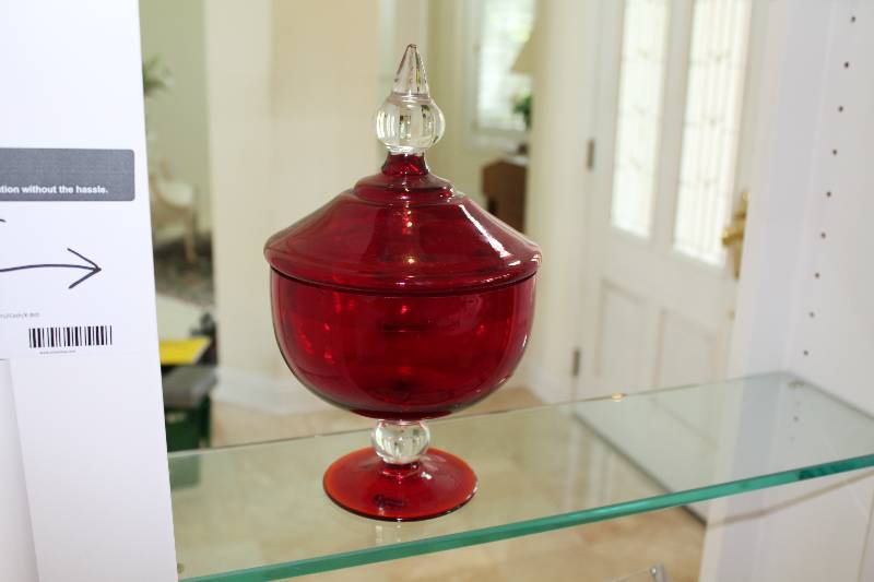 lot 81 image: Shelf Lot Including Glass Crystal Ware Glass Candy Dish Candle wCandle Holder.