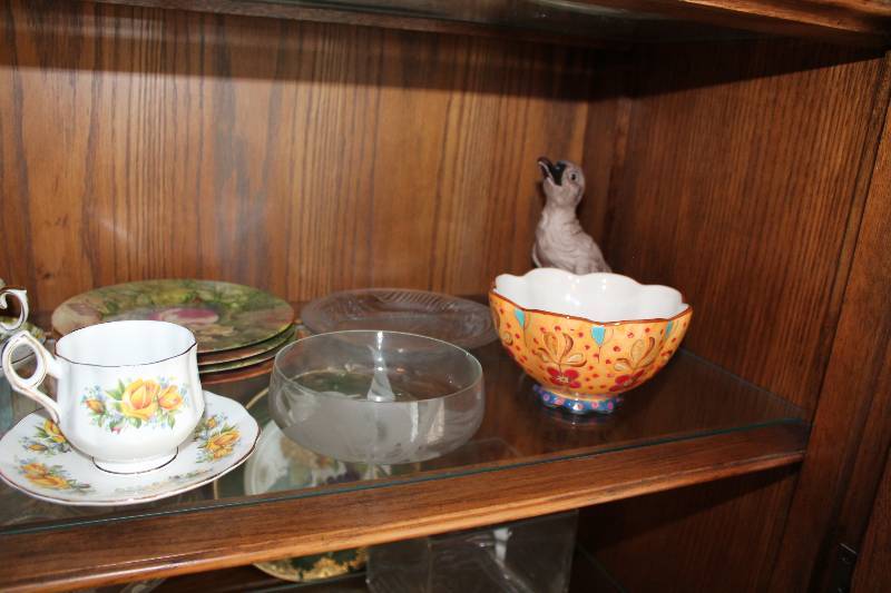 lot 84 image: Shelf Lot Including Crystal Glass Ware Bowls Elizabethan Fine Bone China Dish Collectible Dish Ware And More.