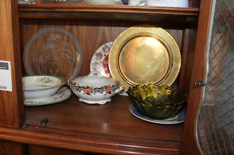 lot 86 image: Shelf Lot Including Praying Figurine Crystal Ware Dish  Collectible Dish Ware And More.