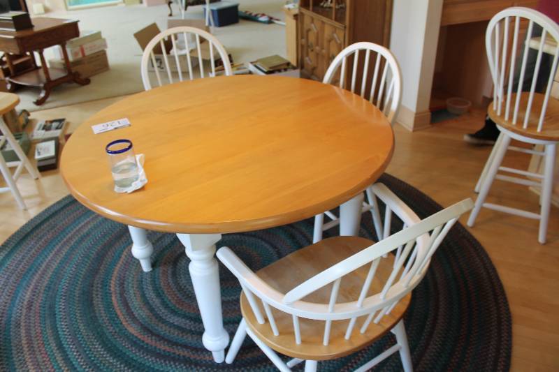 lot 126 image: Wooden Dining Room Furniture Lot Including Table, 48 Diameter 30 Height Hi-Top Chairs (3) Dining Table Chairs (3) White wWood Finish.