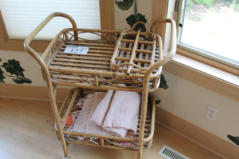 lot 127 image: Wooden Cart wLower Shelf & Wheels 29 x 19 x 34.