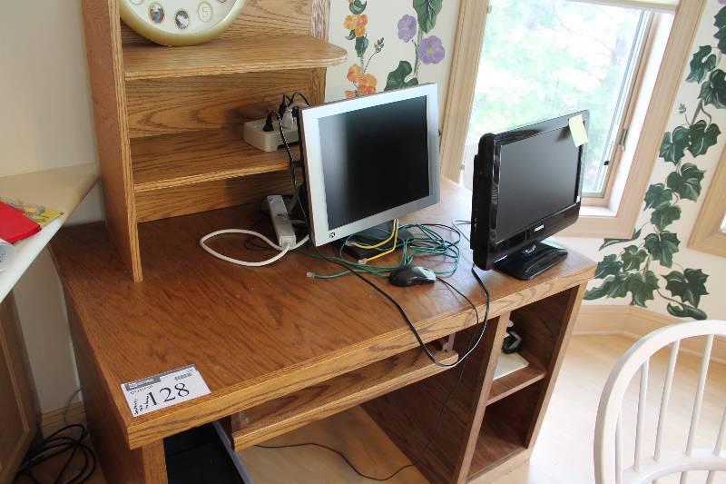 lot 128 image: Wooden Desk wComputer Keyboard & Cubbie Storage Back Shelf 50 x 31 x 30 Contents Not Included.