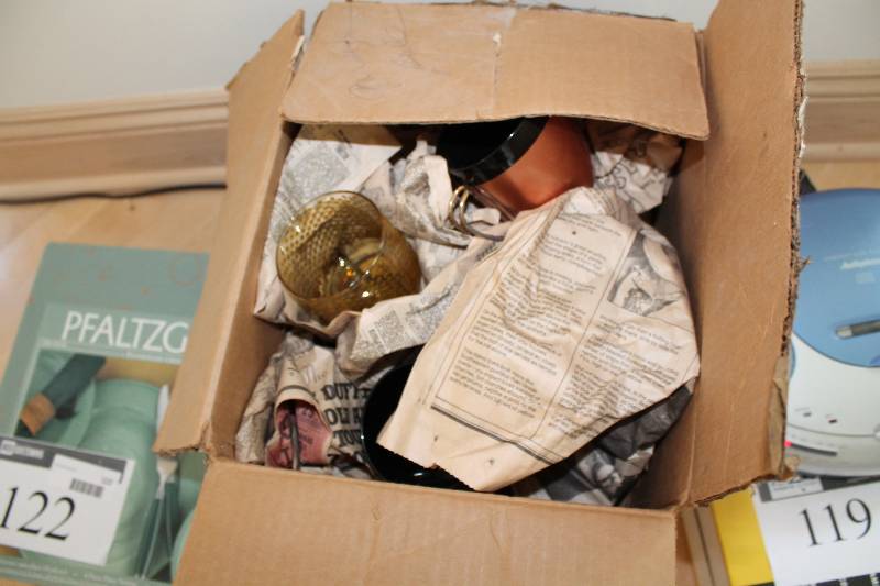 lot 120 image: Box Lot Including Decorative Glass Cup Bronze Style Cup And More.