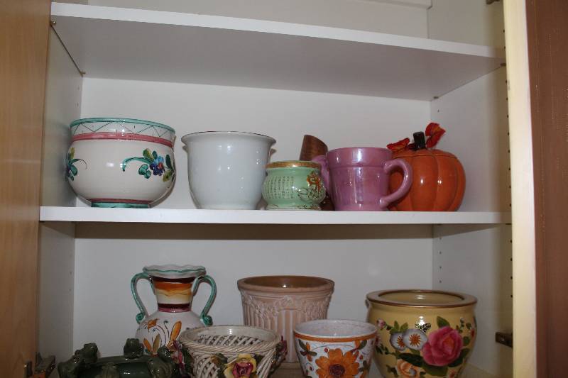 lot 130 image: Shelf Lot of (2) Including Decorative Flower Pots Vases Bowls And More.